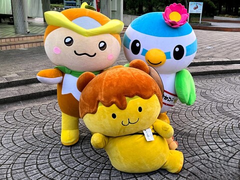 【ゆるキャラ】トコろん、はすぴぃ、ポテくまくんのスリーショット＠羽生水郷公園（埼玉県羽生市）【世界キャラクターさみっとin羽生2024 カウントダウンイベント】
