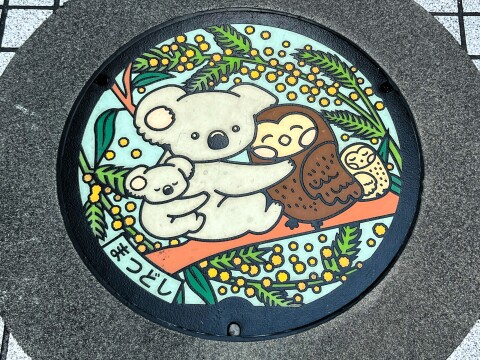 【ご当地マンホール】すくすくファミリーフレンズ:「キテミテマツド」入口前 設置分(2024年10月)【千葉県松戸市】