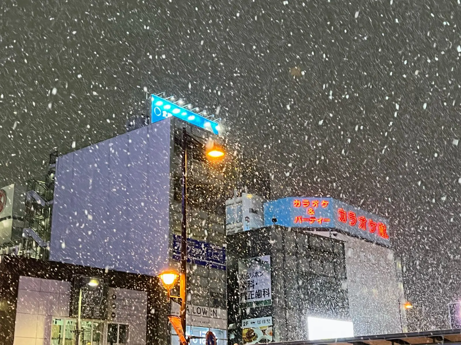 【雪景色】夜空の中、雪が降っている様子（2024年3月5日）【埼玉県さいたま市/JR大宮駅東口】